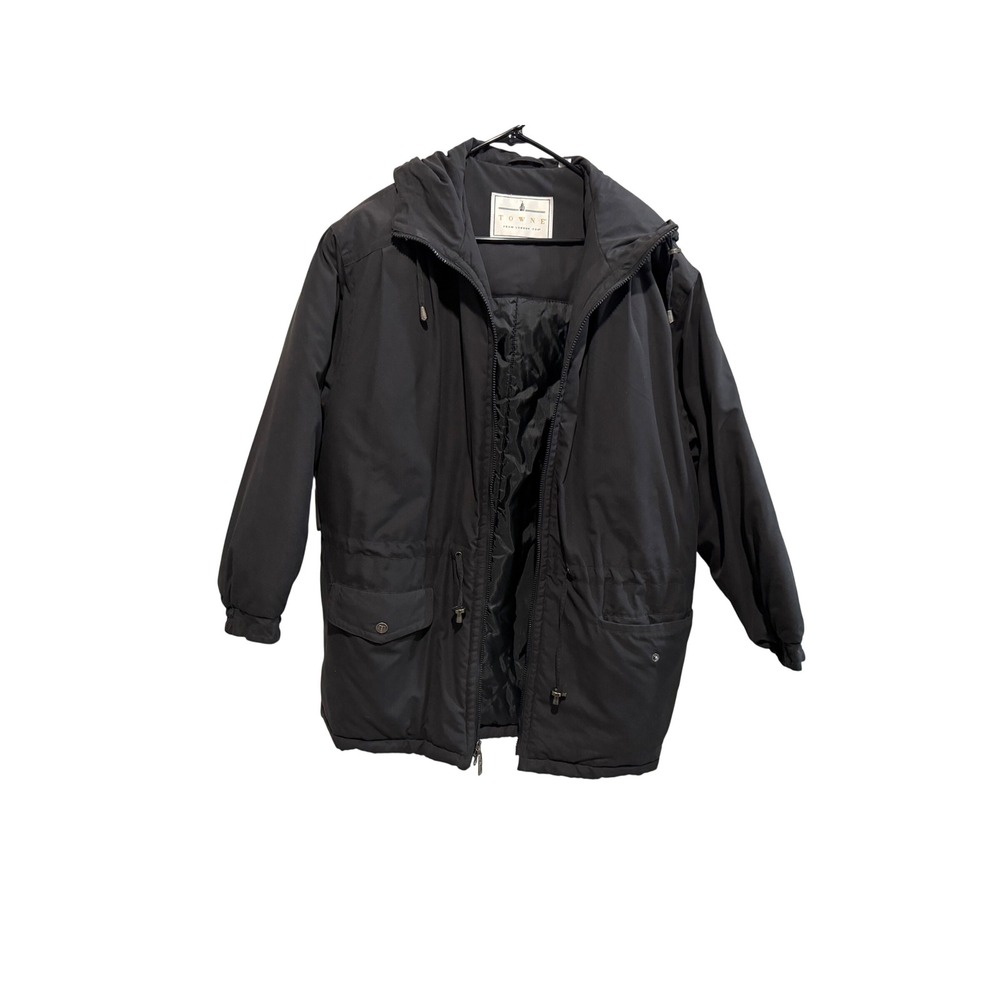 Towne from London Fog Black Hooded Parka Jacket Large Regular Full Zip Coat